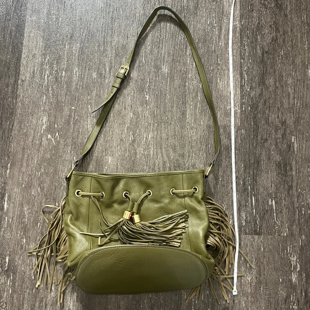 GILI Genuine Leather Olive Green Fringed Bucket Bag Crossbody Purse